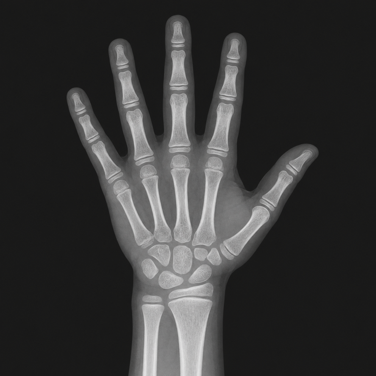 AI-generated illustrative left hand X-ray, not a patient scan