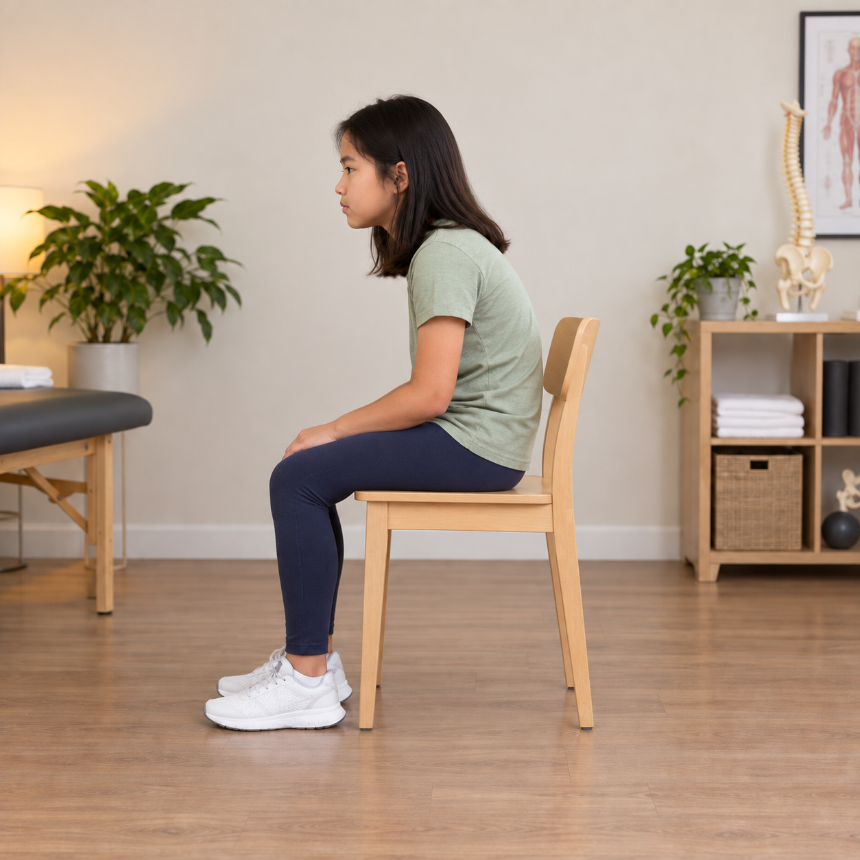 AI-generated side view of a child seated facing left with slouched posture