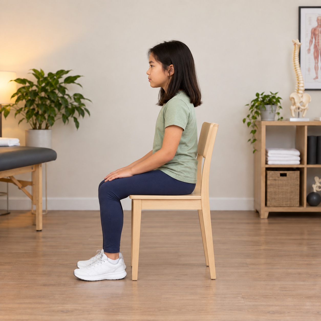 AI-generated side view of the same child seated facing left upright