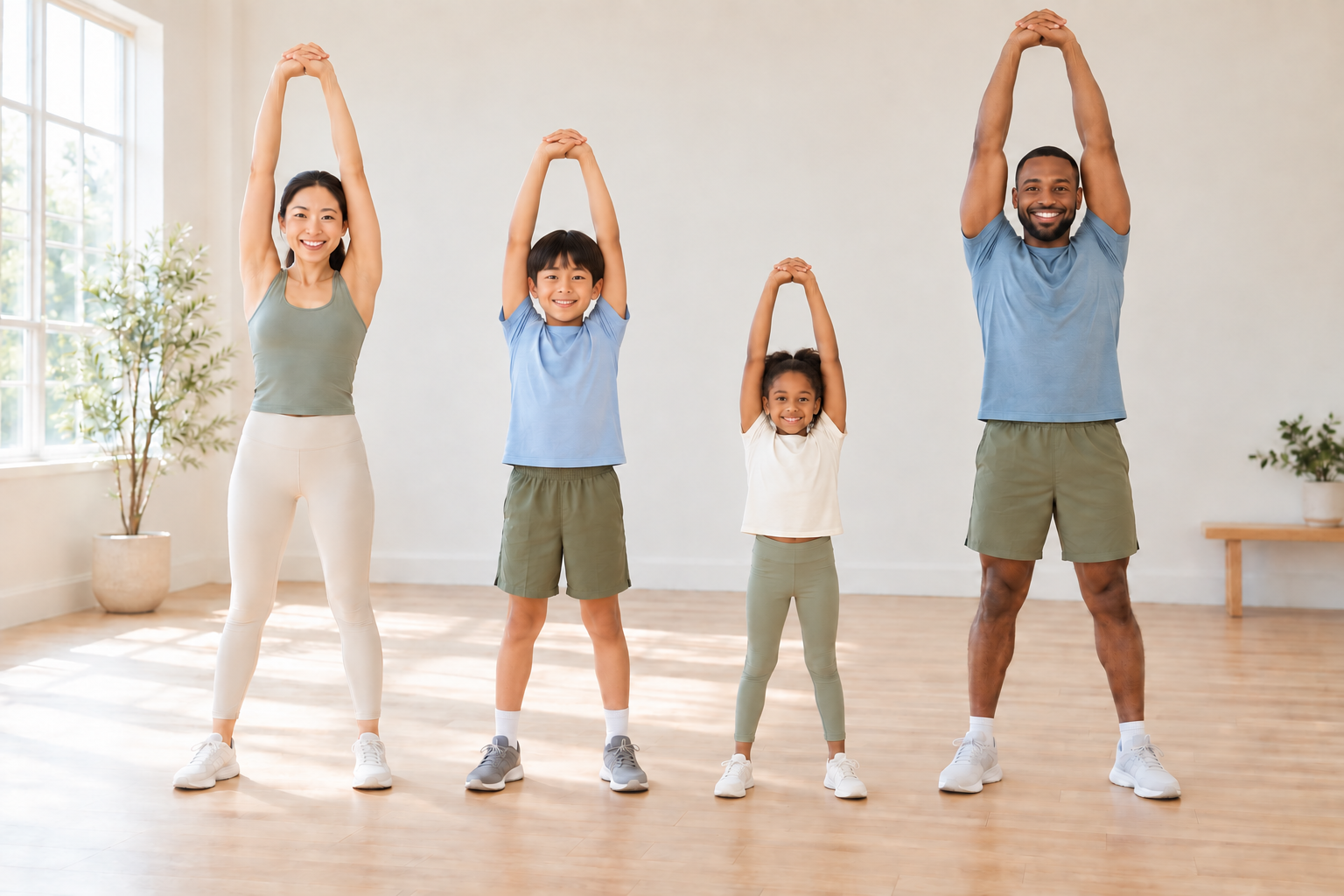 AI-generated lifestyle photo of diverse adults and children stretching upward with their own hands clasped in a clean bright indoor studio